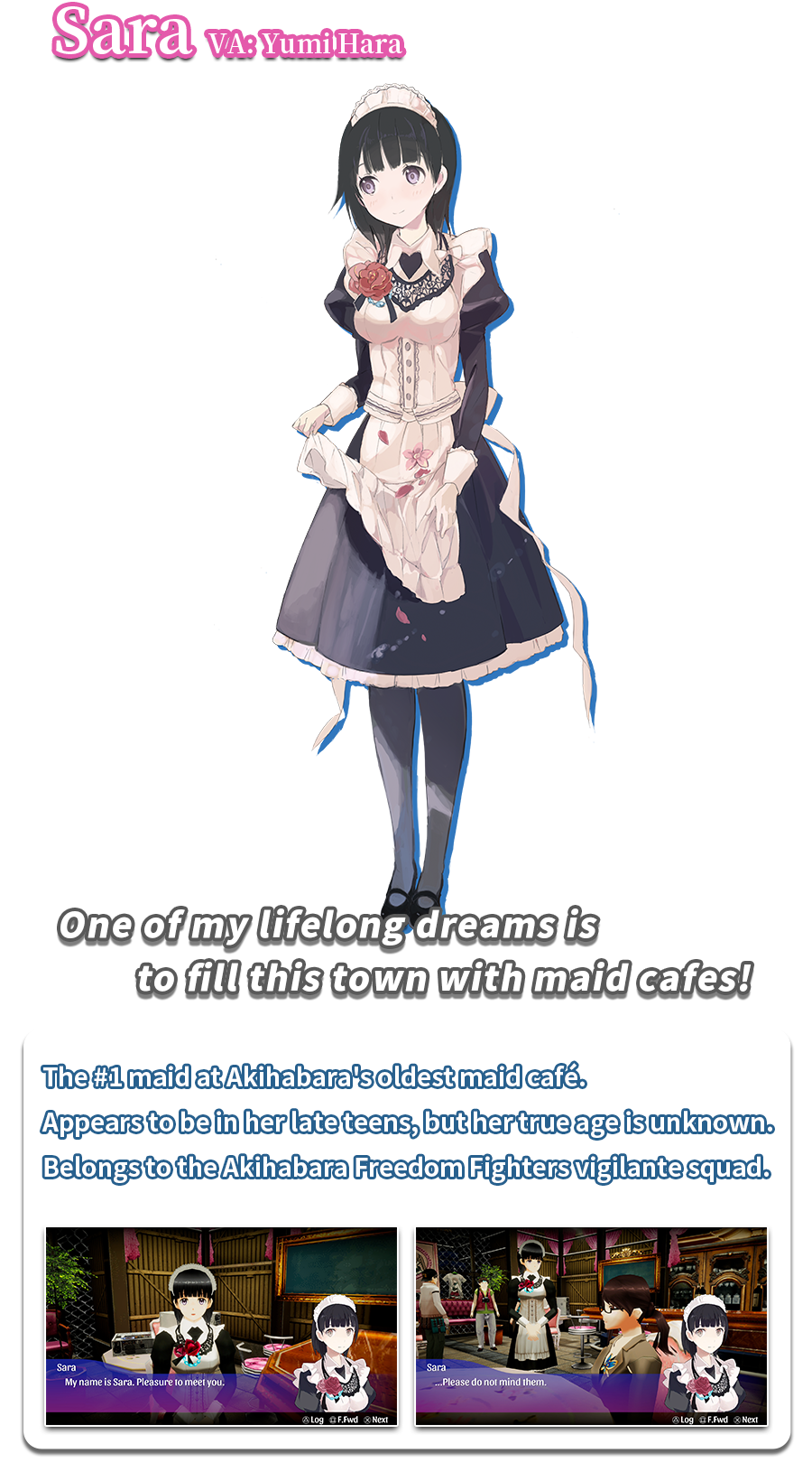 The #1 maid at Akihabara's oldest maid café. Appears to be in her late teens, but her true age is unknown. Belongs to the Akihabara Freedom Fighters vigilante squad.